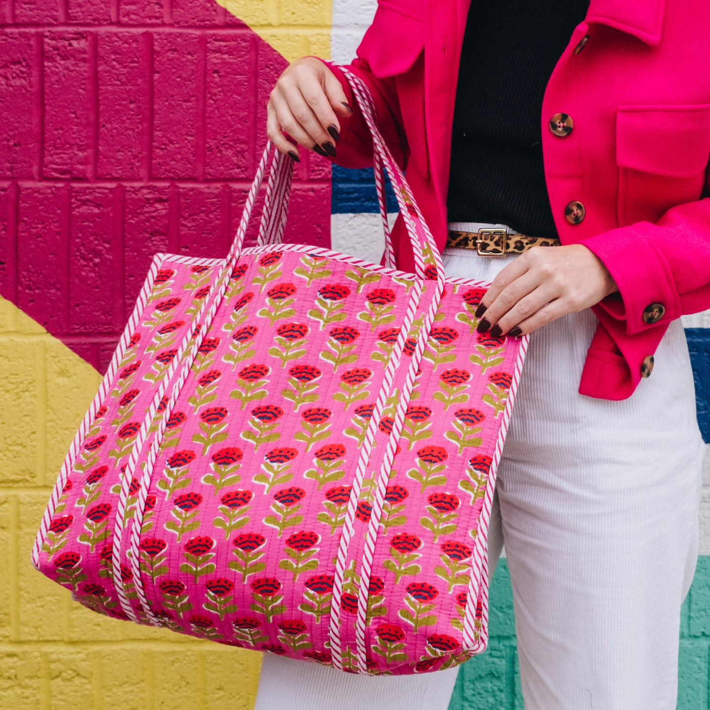 Quilted Tote Bag | Pink Floral Bag | Large Shopping Tote Bag
