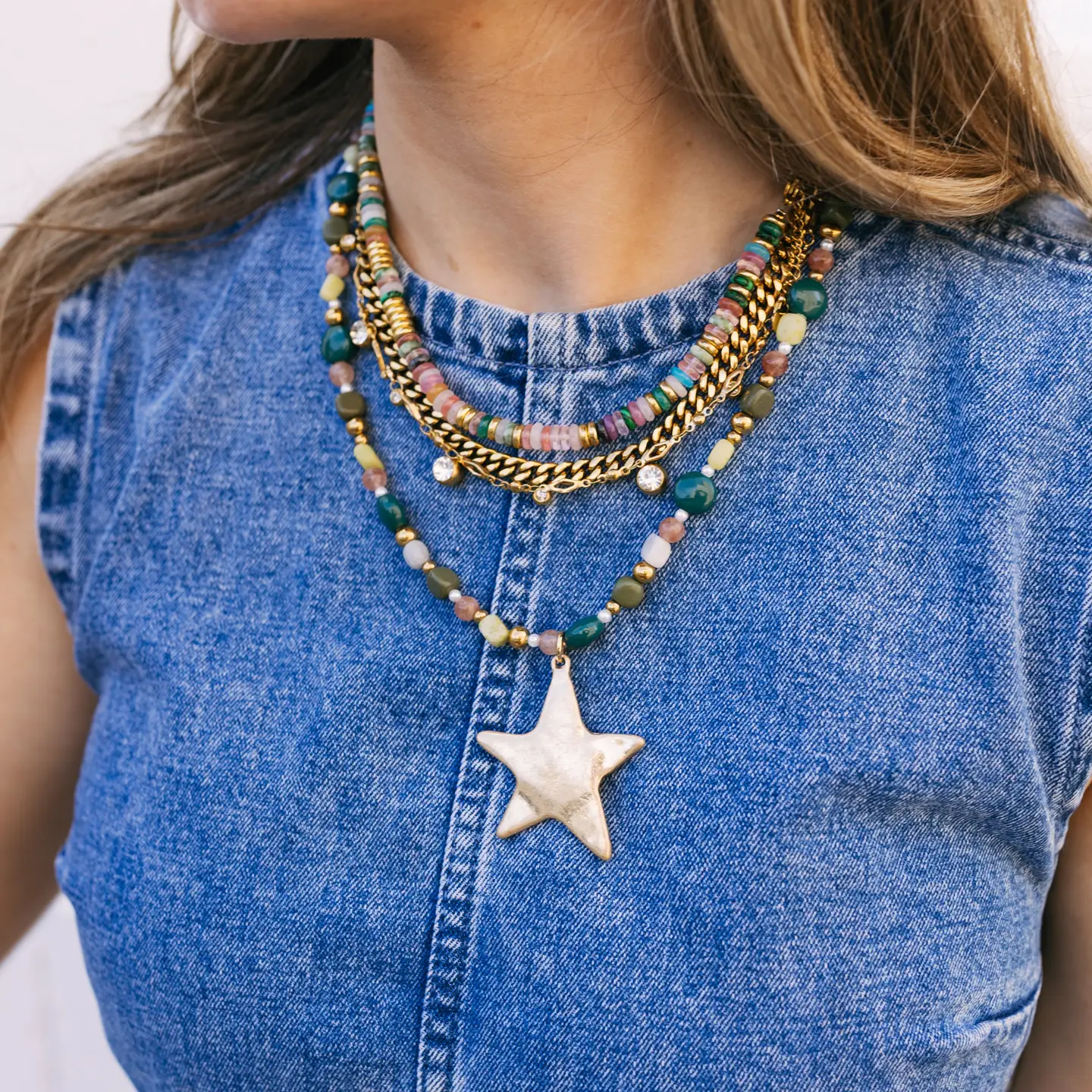 Ziggy Star Layered Necklace - Green