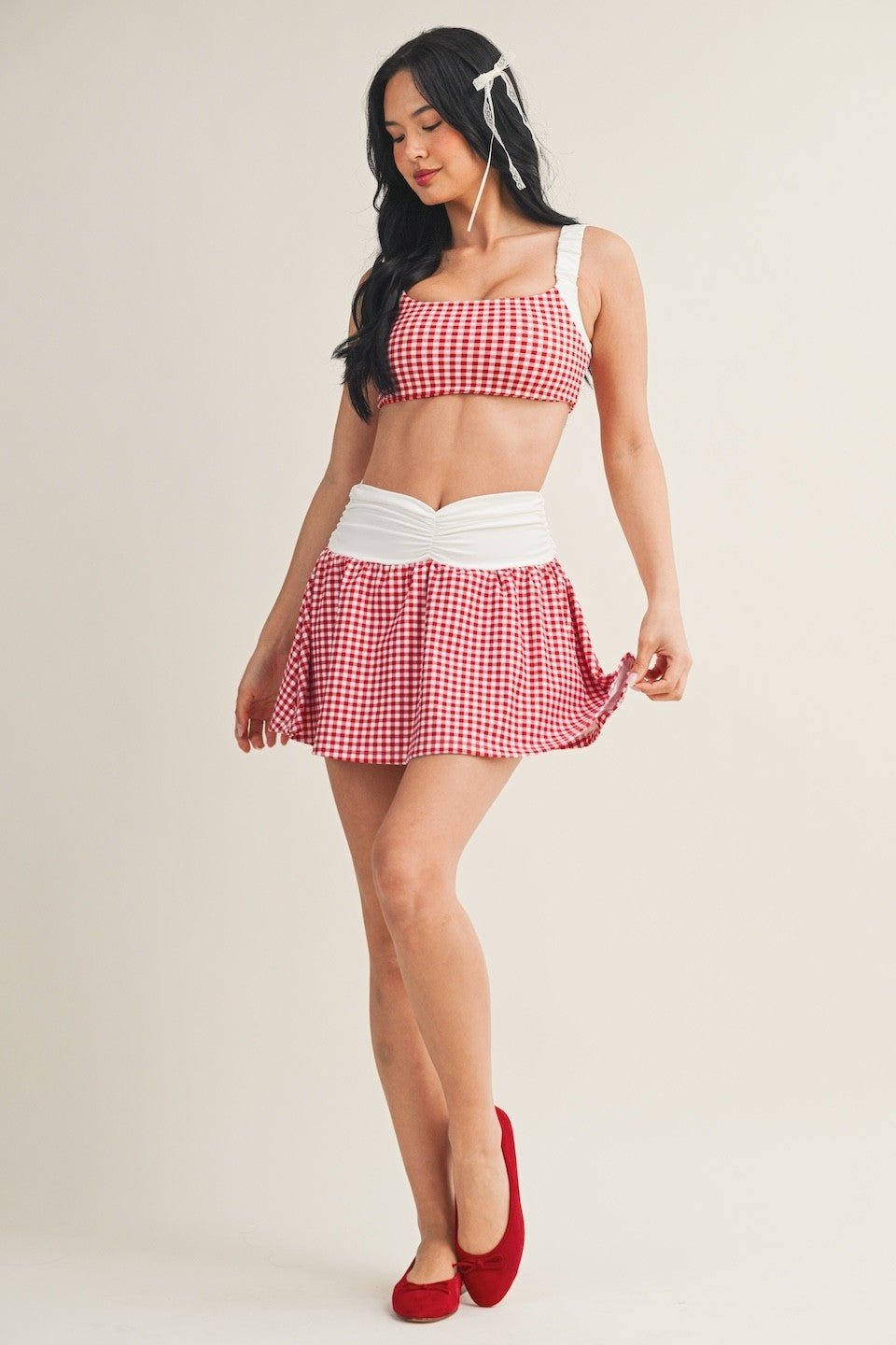 Kyla Gingham Ruched Waistband Skort