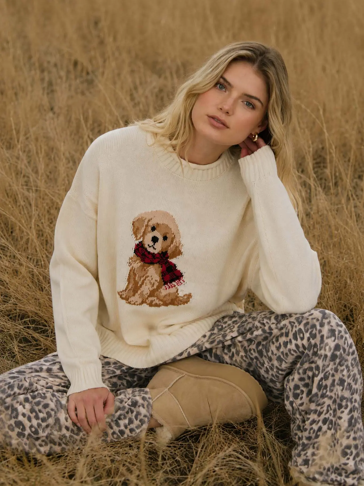 Puppy Crew Neck Relaxed Sweater