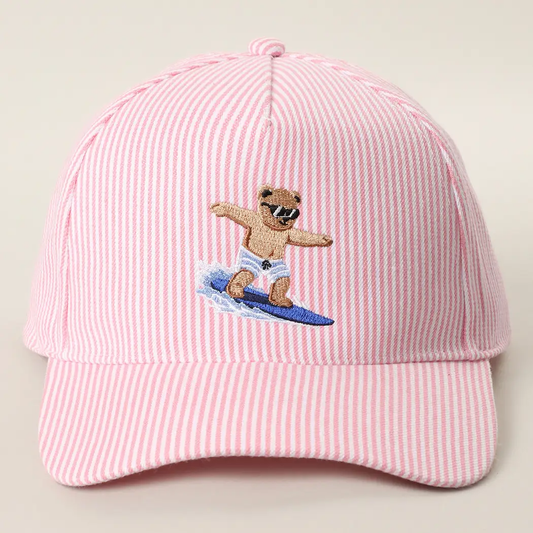 Surfing Bear Embroidered Seersucker Stripe Trucker Hat
