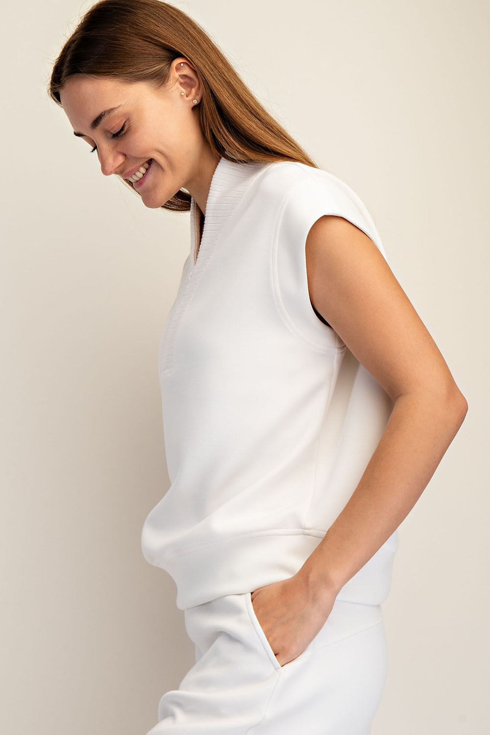 Modal Scuba Quarter Zip Sleeveless Top Cream