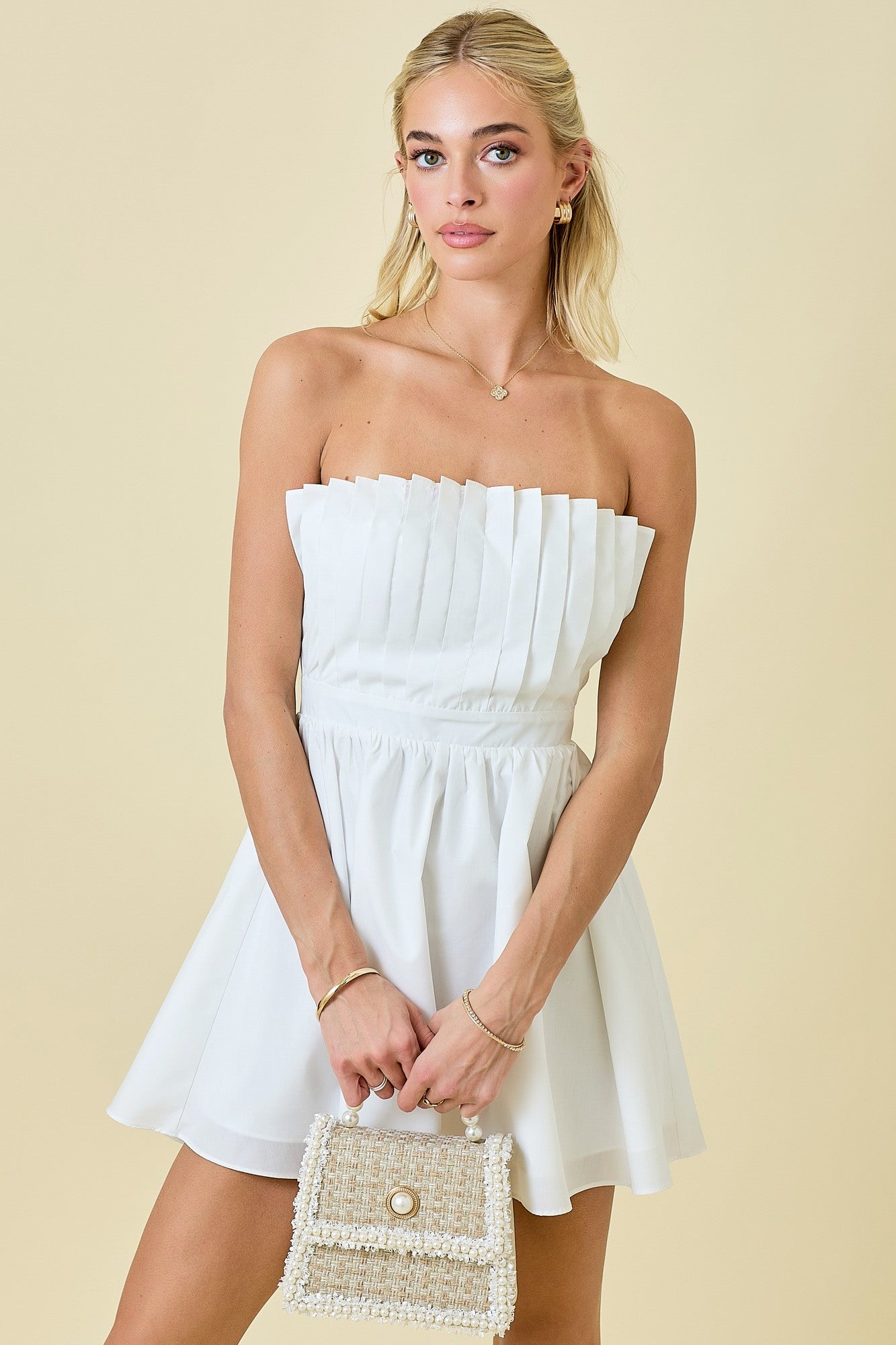 Dakota White Pleated Strapless Dress