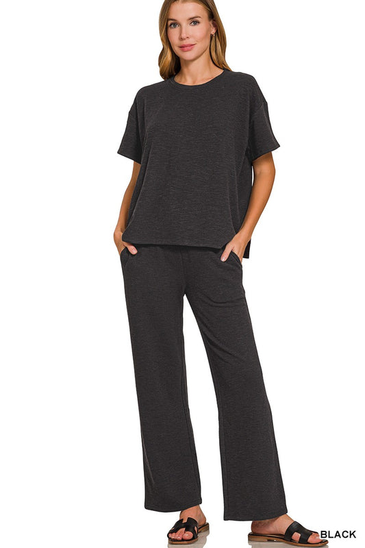 Slub Short Slv Top & Pants Black