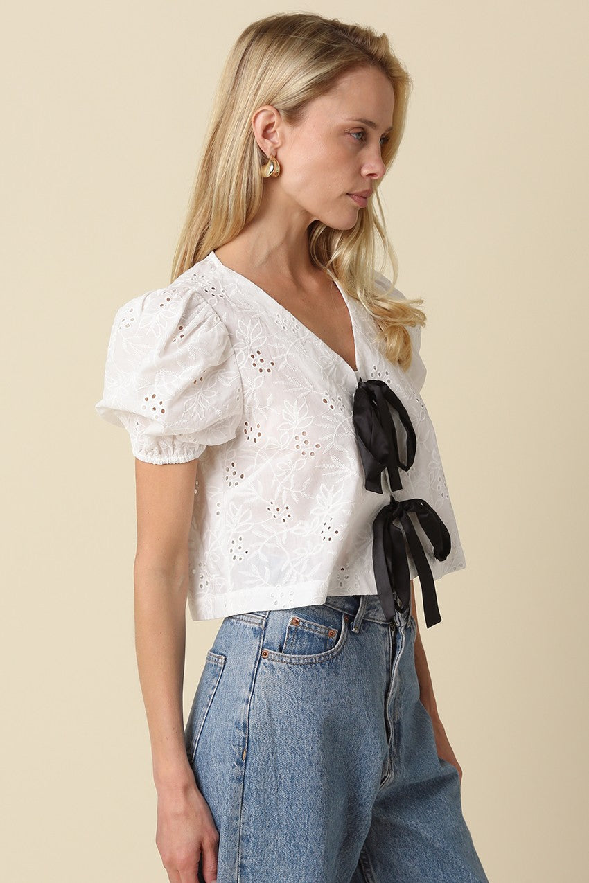 Colette Eyelet Contrast Tie-front Top