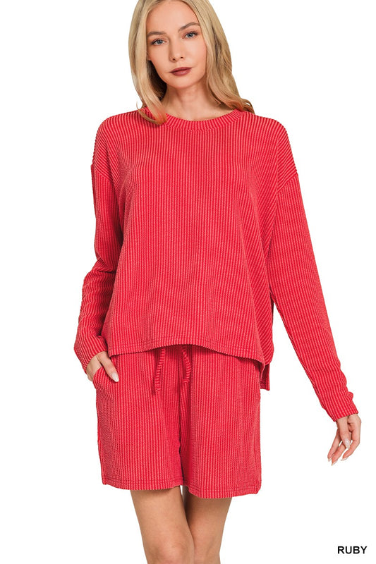 Rib Long Sleeve Tee & Shorts Set Ruby