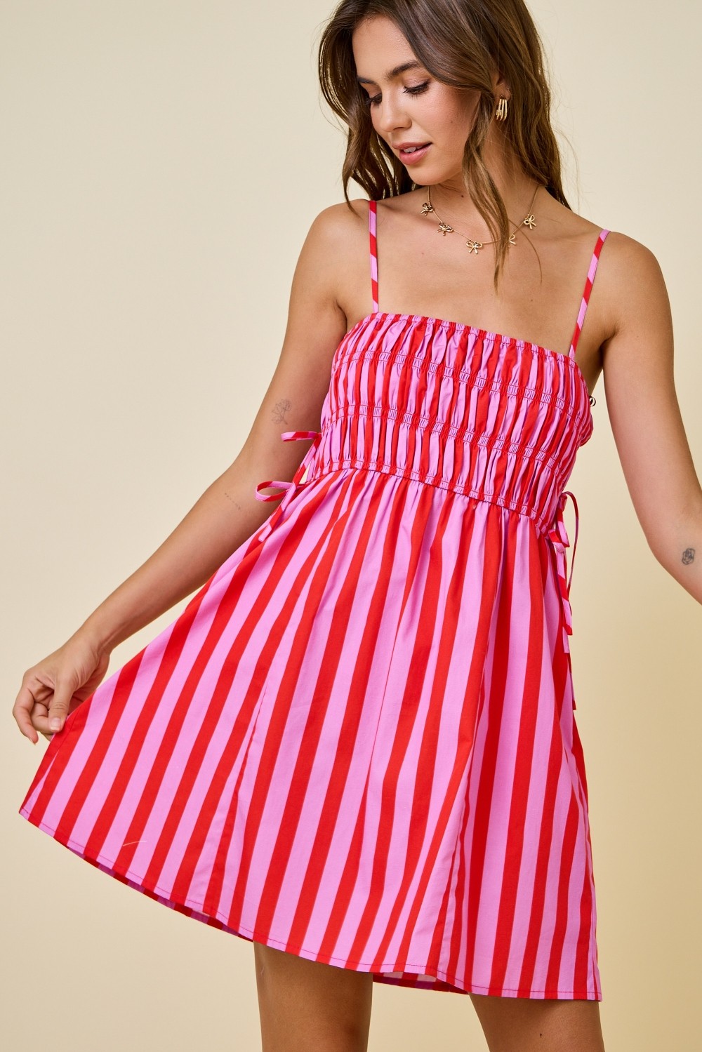 Damon Striped Smocked Mini Dress Pink
