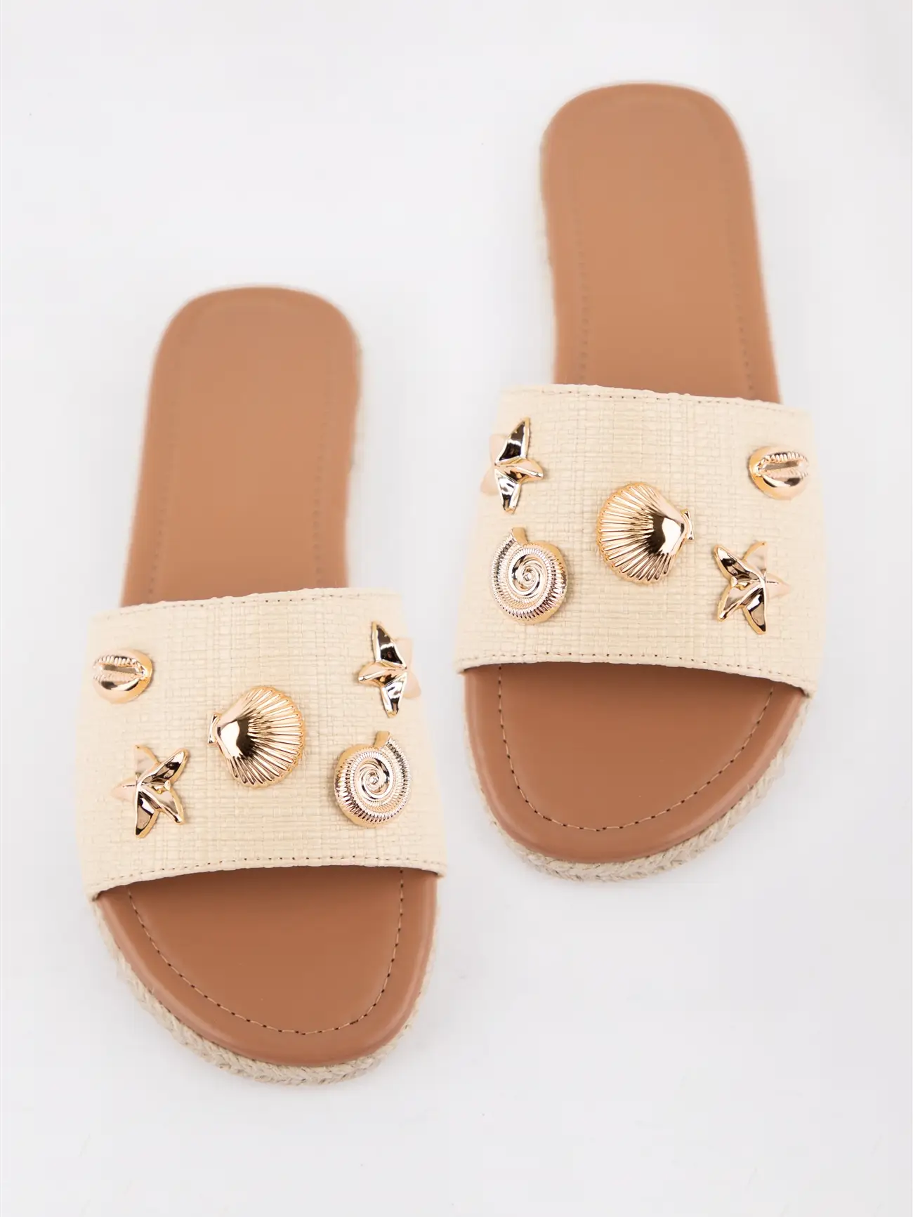 Raffia Espadrille Flat Slide Sandals with Shell