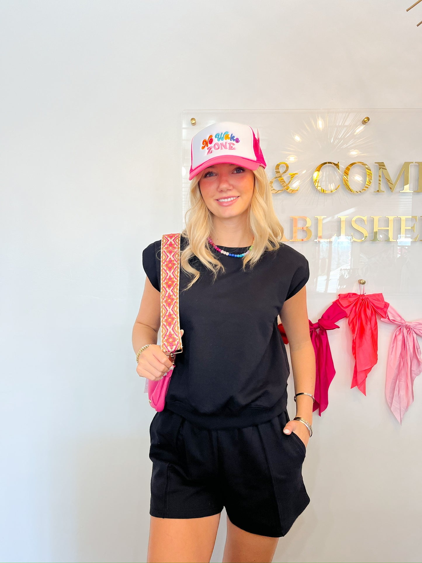 No Wake Zone Foam Trucker Hat Hot Pink and White