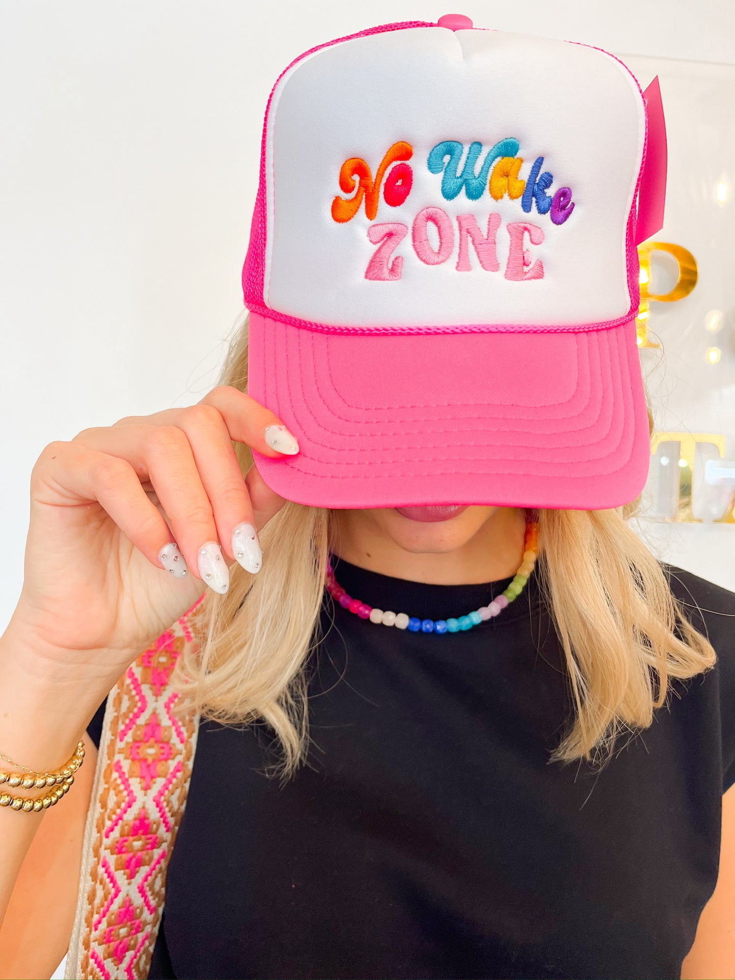 No Wake Zone Foam Trucker Hat Hot Pink and White